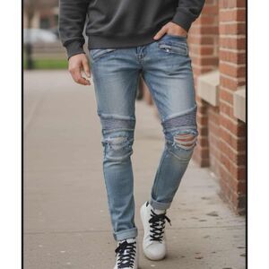 EDISON Biker Moto Jeans Size 32 Ribbed Skinny Distressed Streetwear Men's